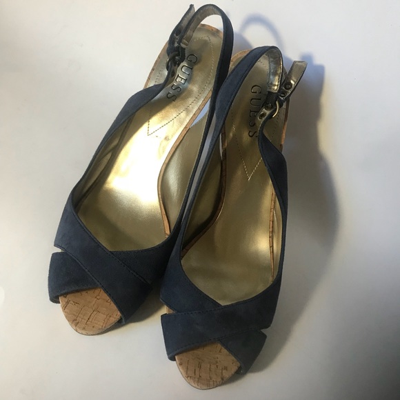 GUESS Blue Suede Cork Sling Back Peep Toe Platform - Picture 3 of 10